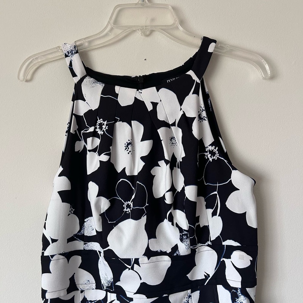 Roz & Ali Black White Floral Pleated Flared Knee Length Cocktail Dress Size 6 - Picture 2 of 7